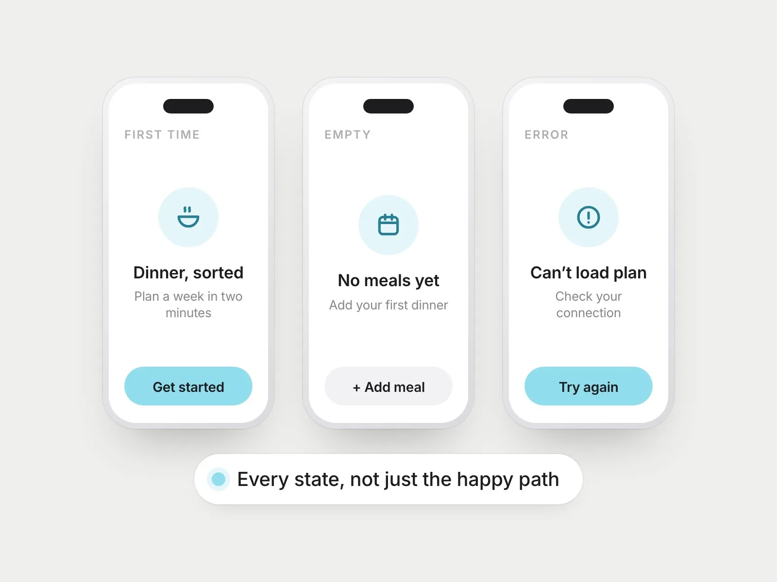 Three phone screens: first time, empty and error states