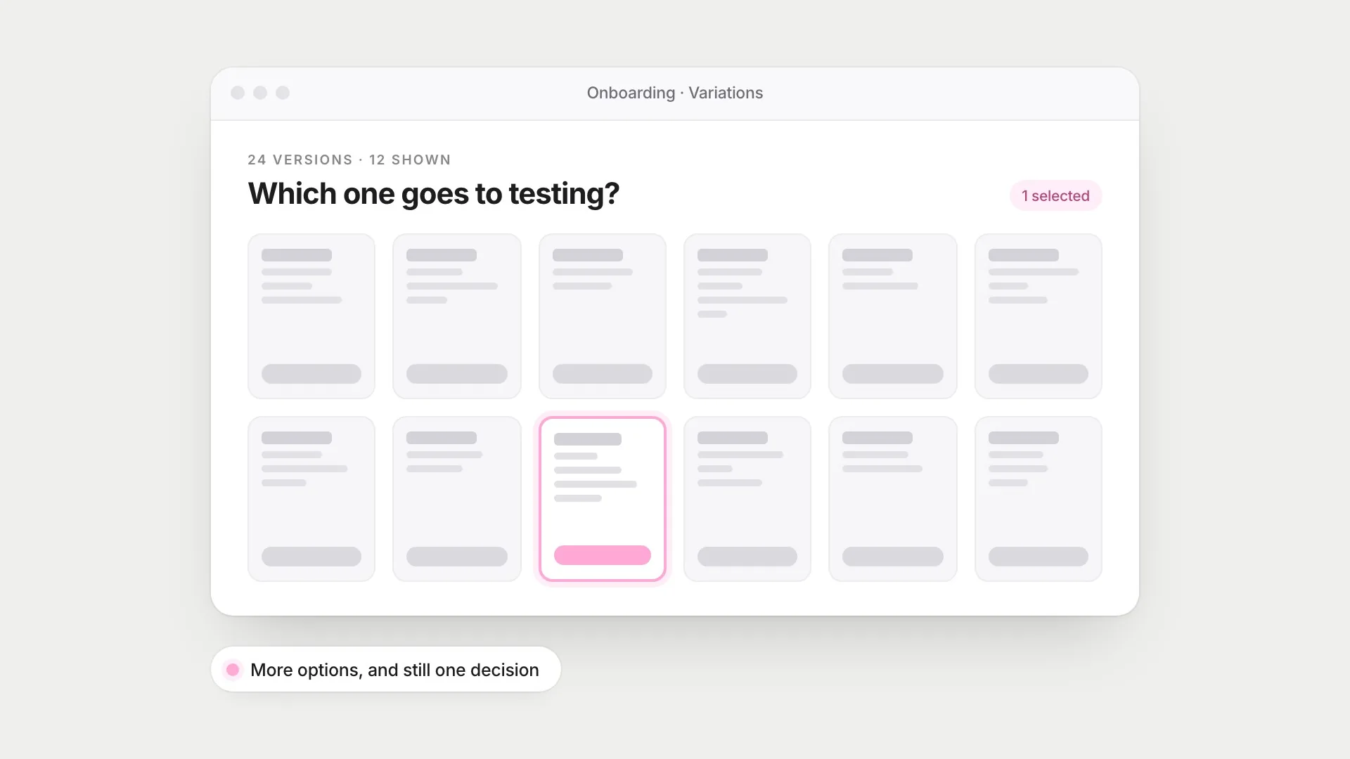 A grid of twelve onboarding screen variations with one selected for testing