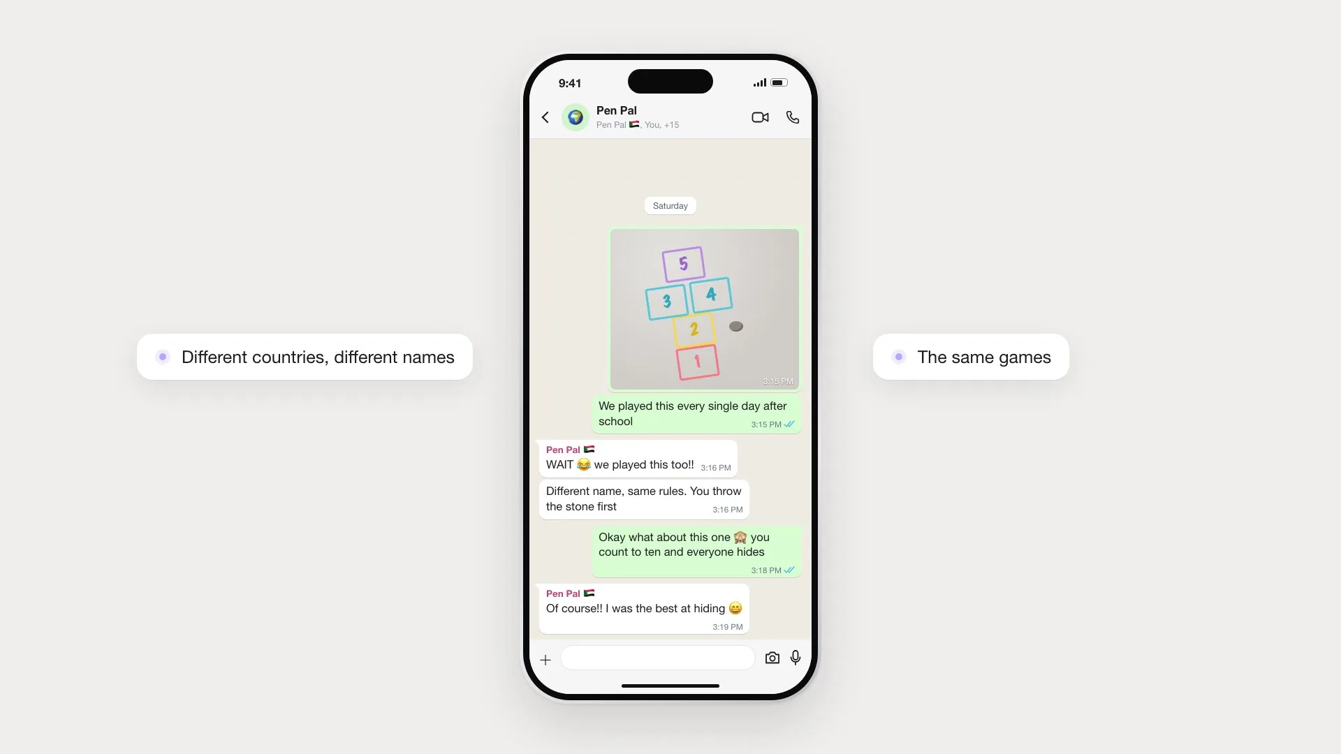 A WhatsApp group chat where a photo of a chalk hopscotch grid is met with &ldquo;WAIT, we played this too!!&rdquo; and &ldquo;Different name, same rules.&rdquo;