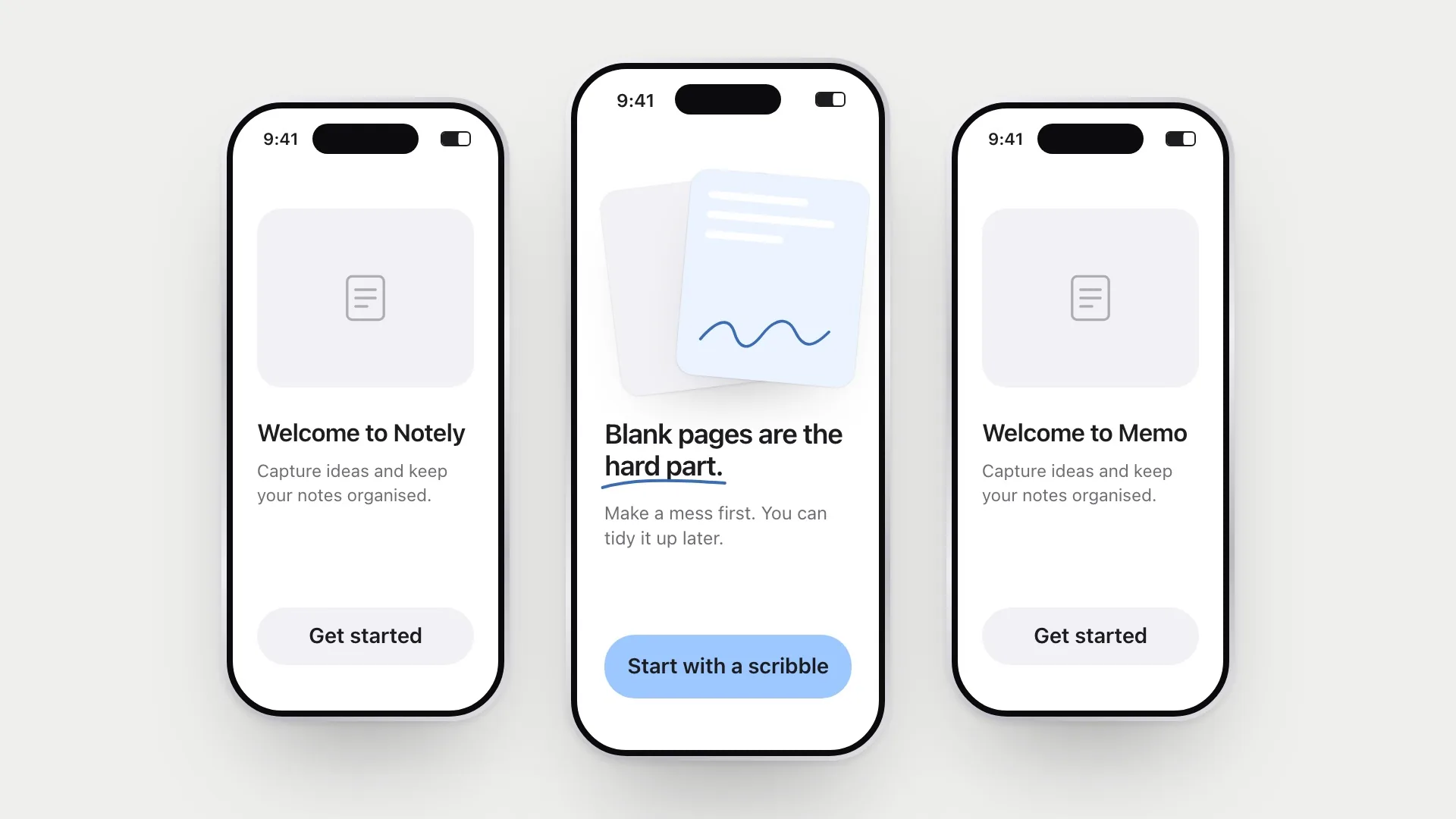 Three note-app welcome screens, with the middle one inviting you to start with a scribble
