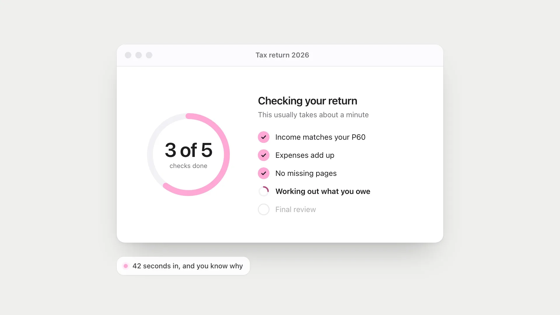 A tax return check showing 3 of 5 steps complete, with each finished step listed as it happens