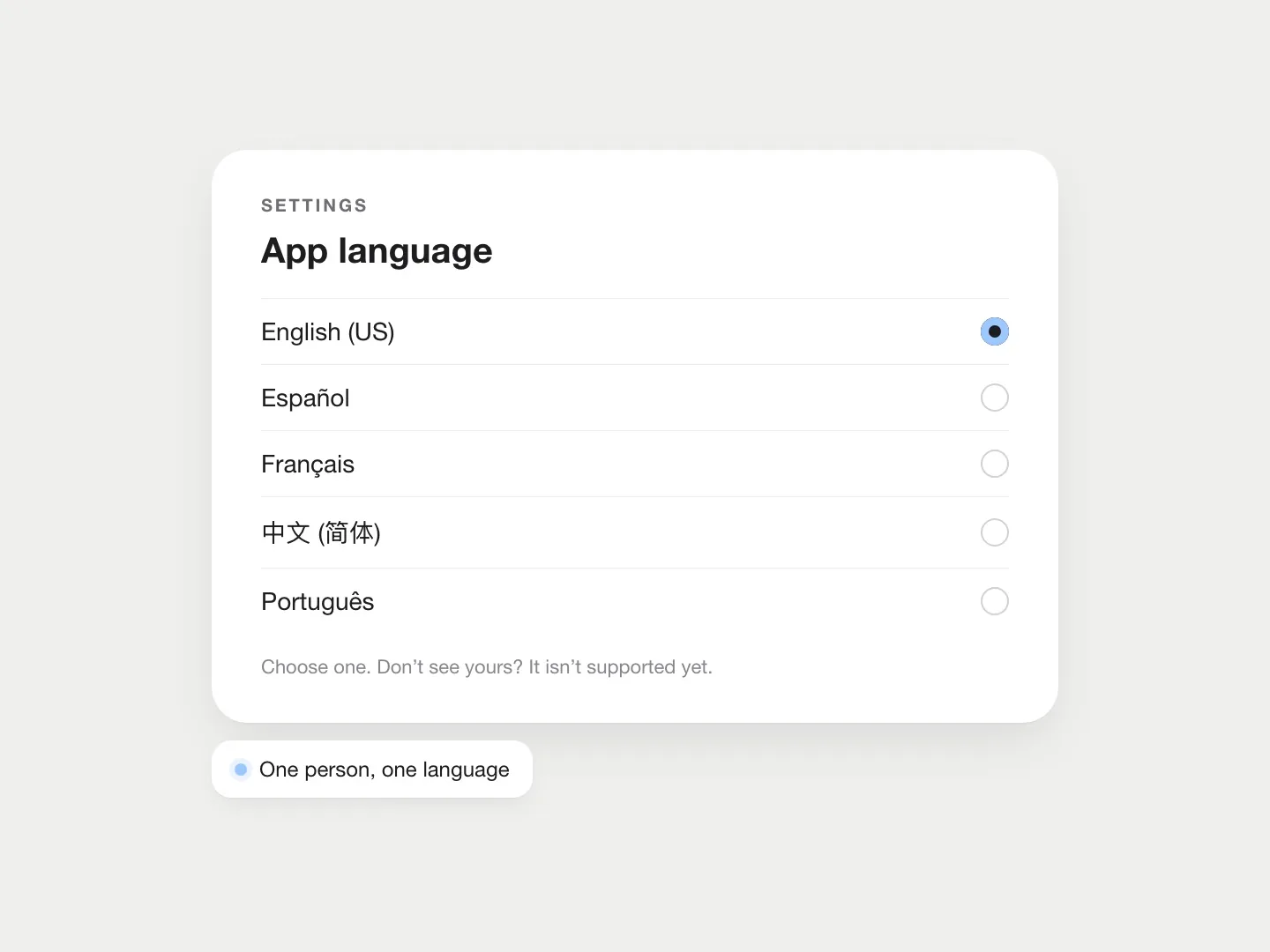 An app language setting that allows one choice from five major languages.
