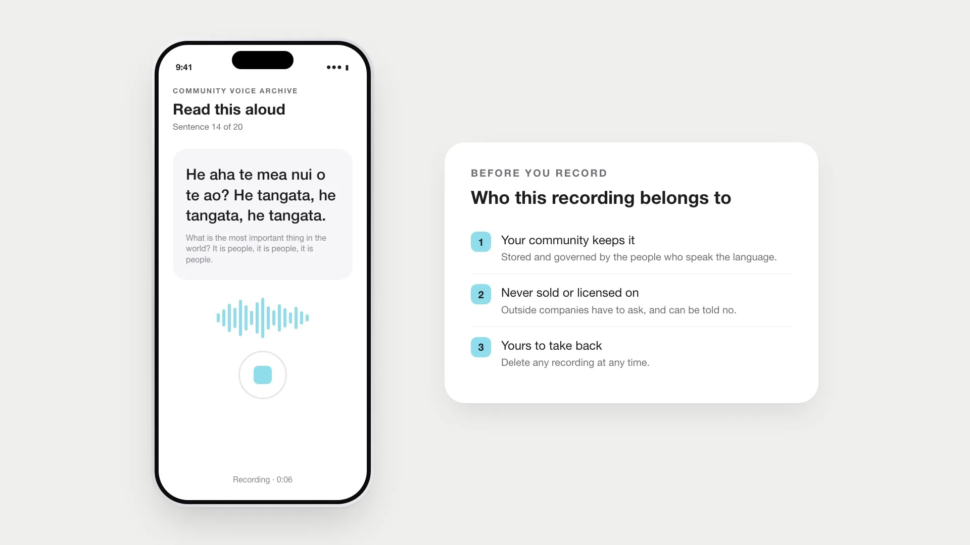A phone screen asking someone to read a M&amacr;ori proverb aloud, beside a card explaining that the recording stays with the community, is never licensed on and can be deleted at any time.