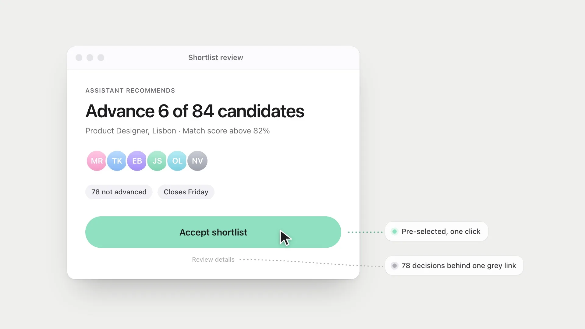 An approval screen where the Accept button is large and filled and the Review details link is small and grey.