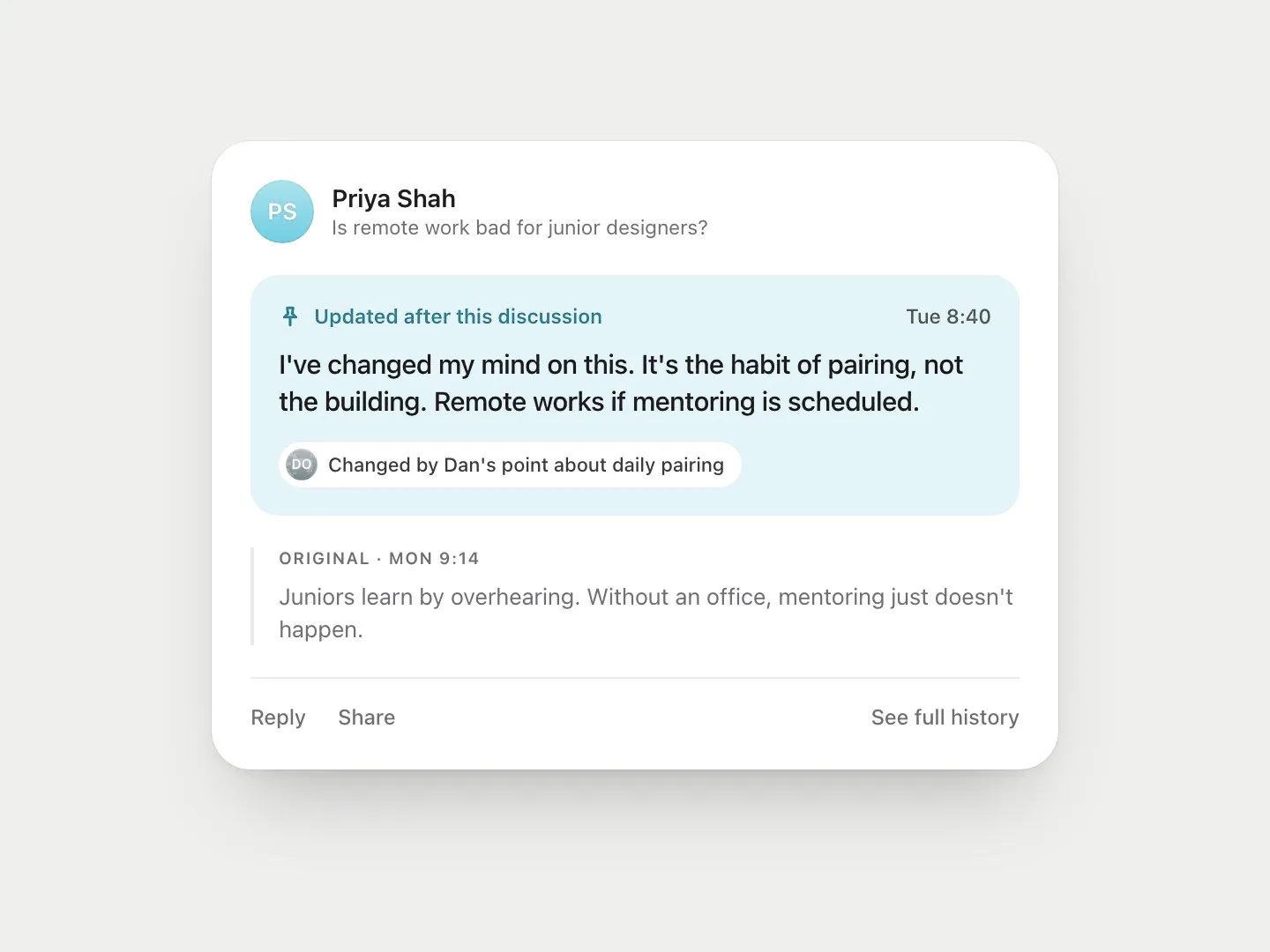 A versioned opinion: the original comment, with a visible update pinned on top.