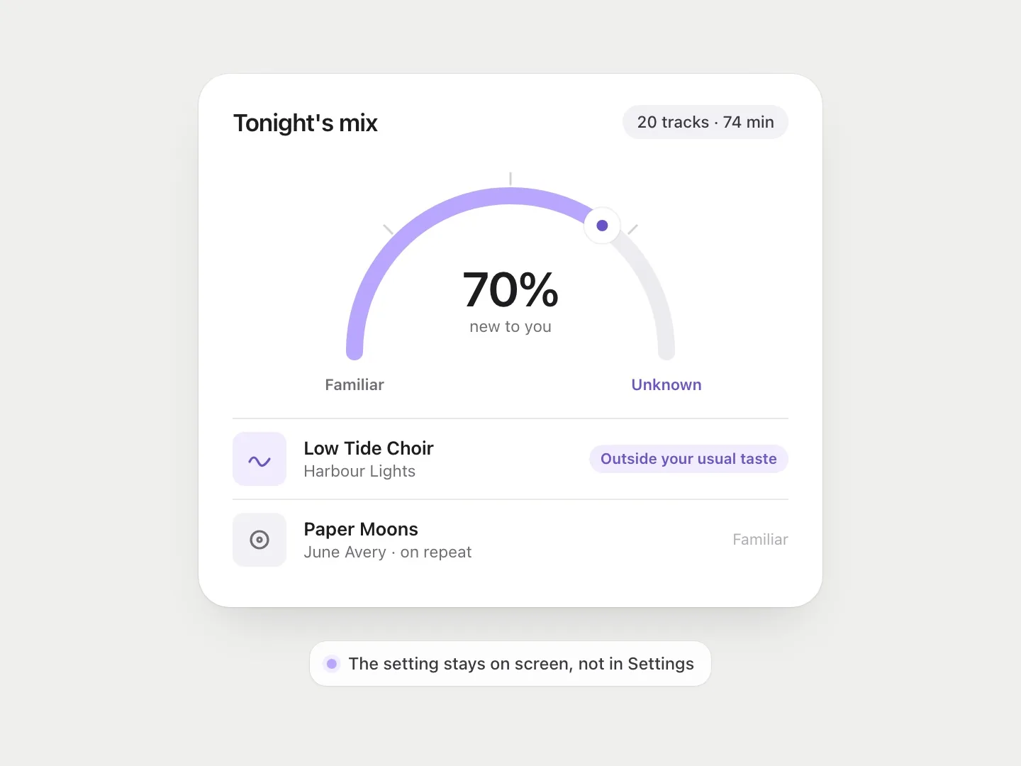 A music app with a clear dial running from Familiar to Unknown.