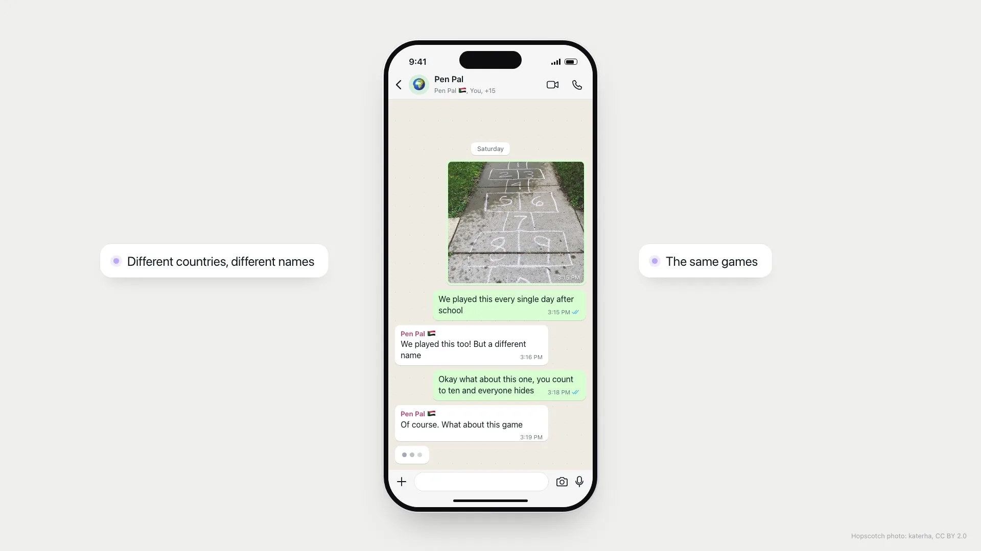 A WhatsApp group chat where a photo of a chalk hopscotch grid on a sidewalk is met with &ldquo;We played this too! But a different name.&rdquo; Hide and seek comes next, and my pen pal is already typing another game.