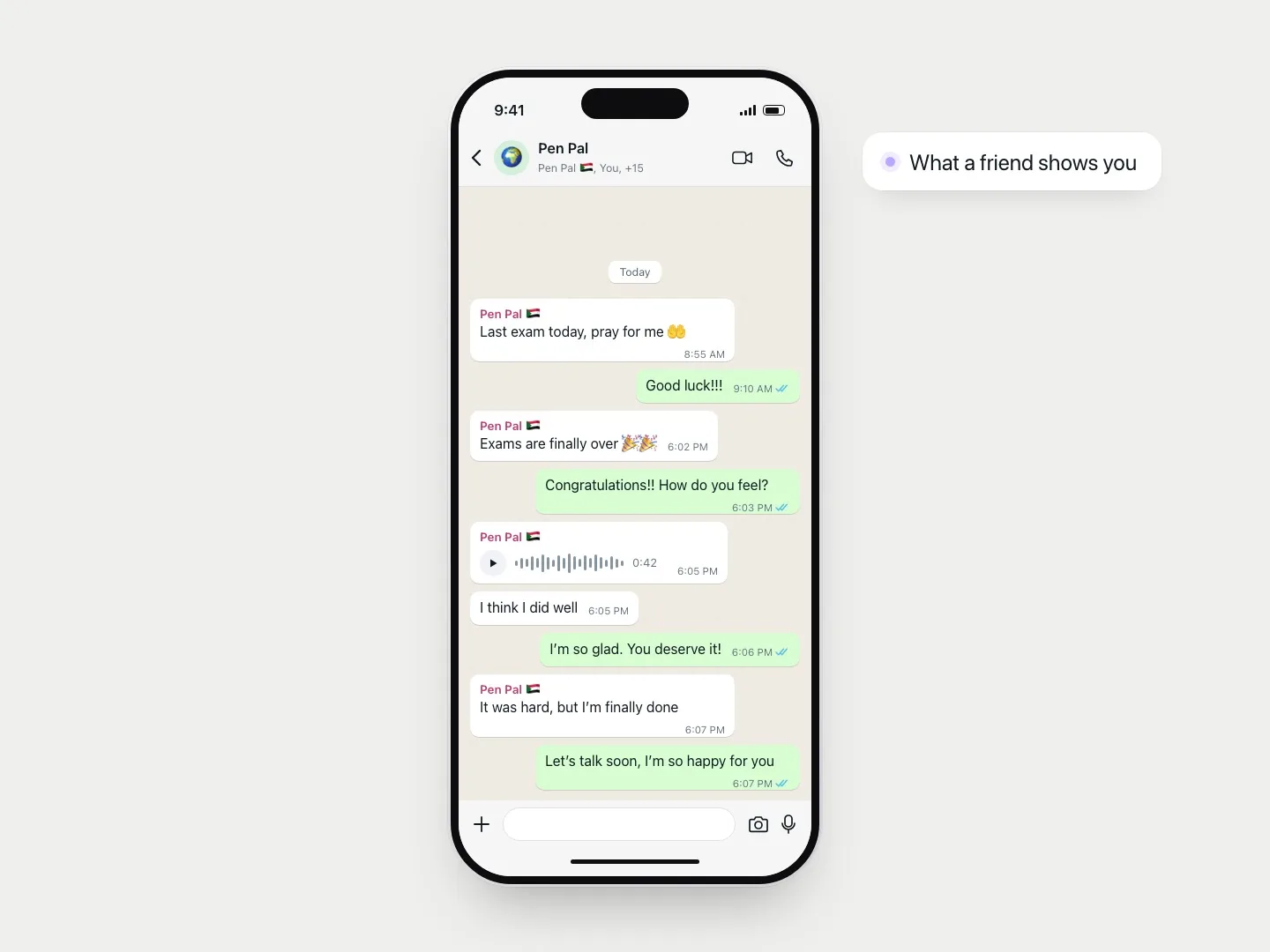 A WhatsApp chat with a friend about finishing her exams: a voice note, &ldquo;I think I did well,&rdquo; and plans to talk soon.