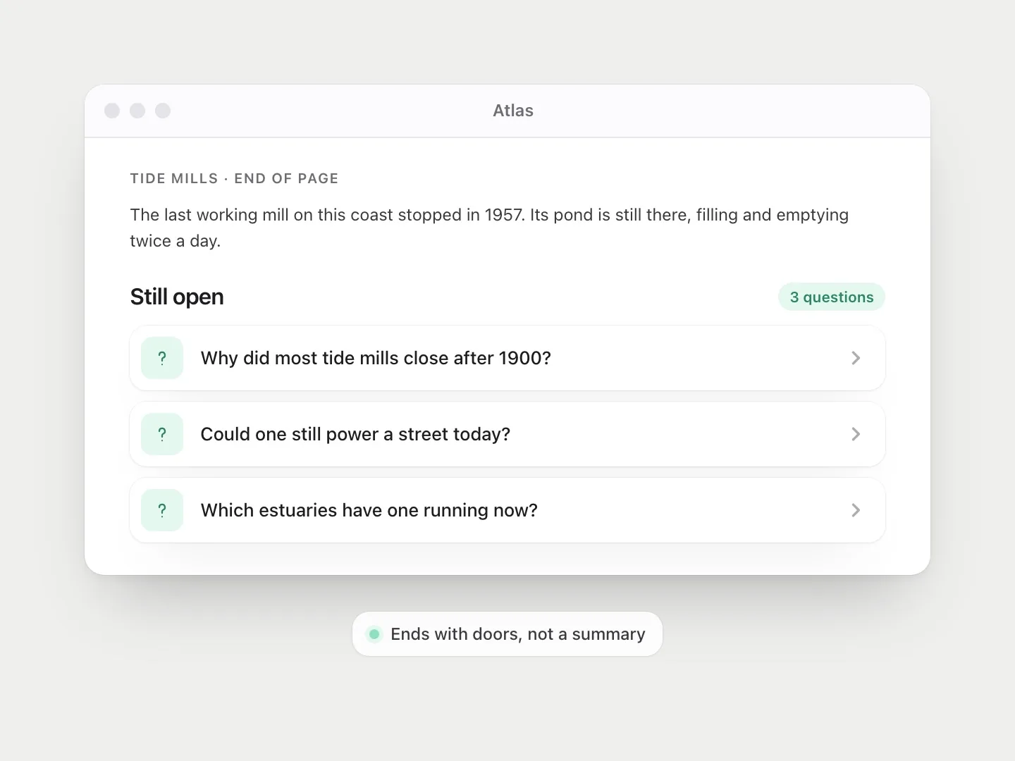 An unfinished edge: a page that ends with three open questions instead of a summary.