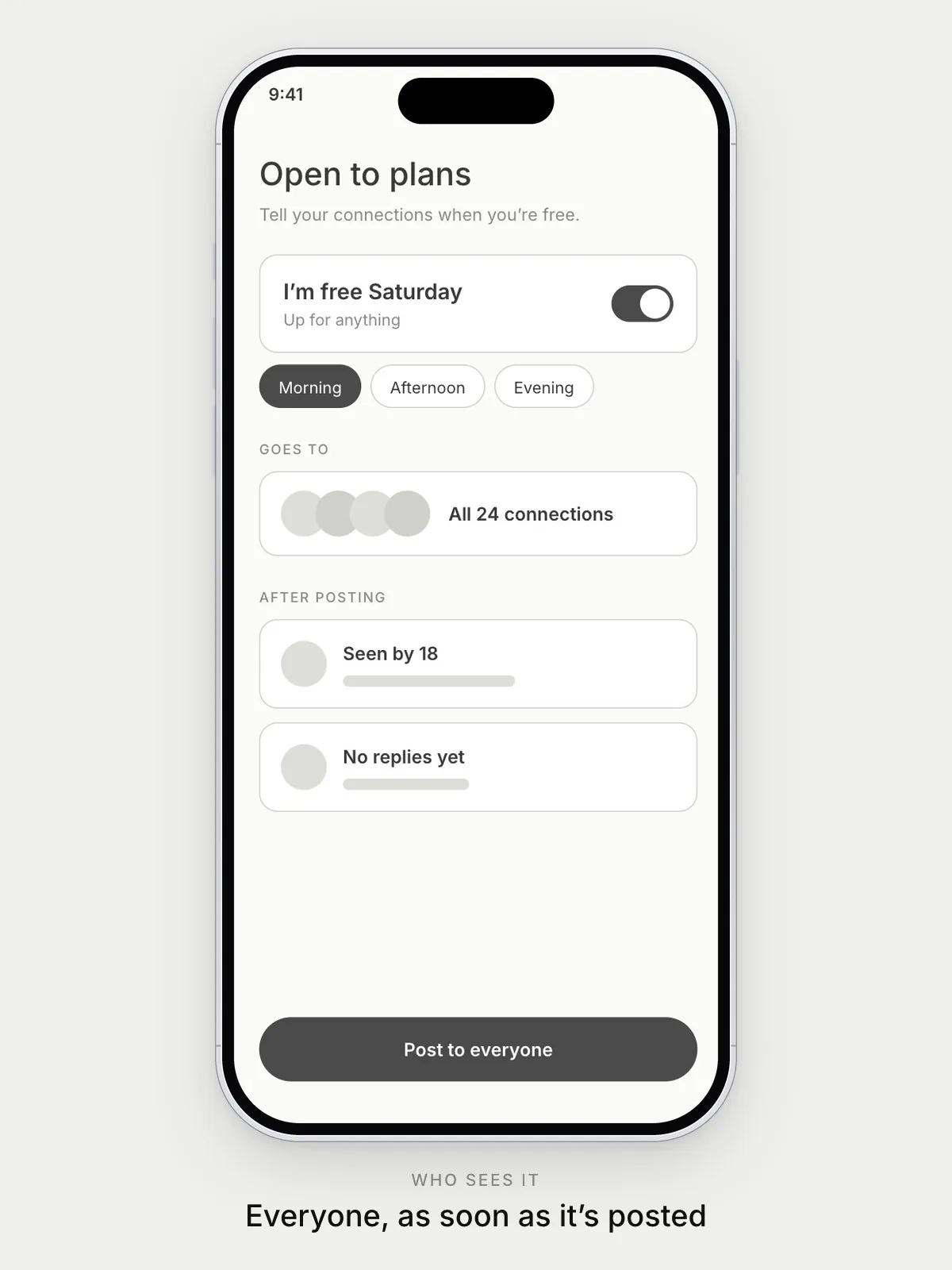 Concept A wireframe: a toggle that tells all 24 connections you are free on Saturday