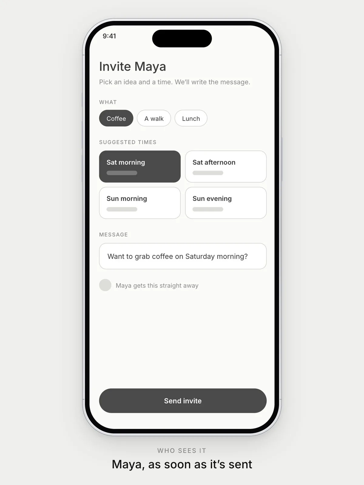 Concept B wireframe: an invite to Maya built from a suggested idea and time, sent straight away