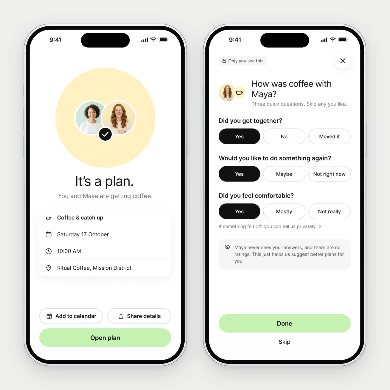 The It&rsquo;s a plan confirmation, beside the three-question private reflection