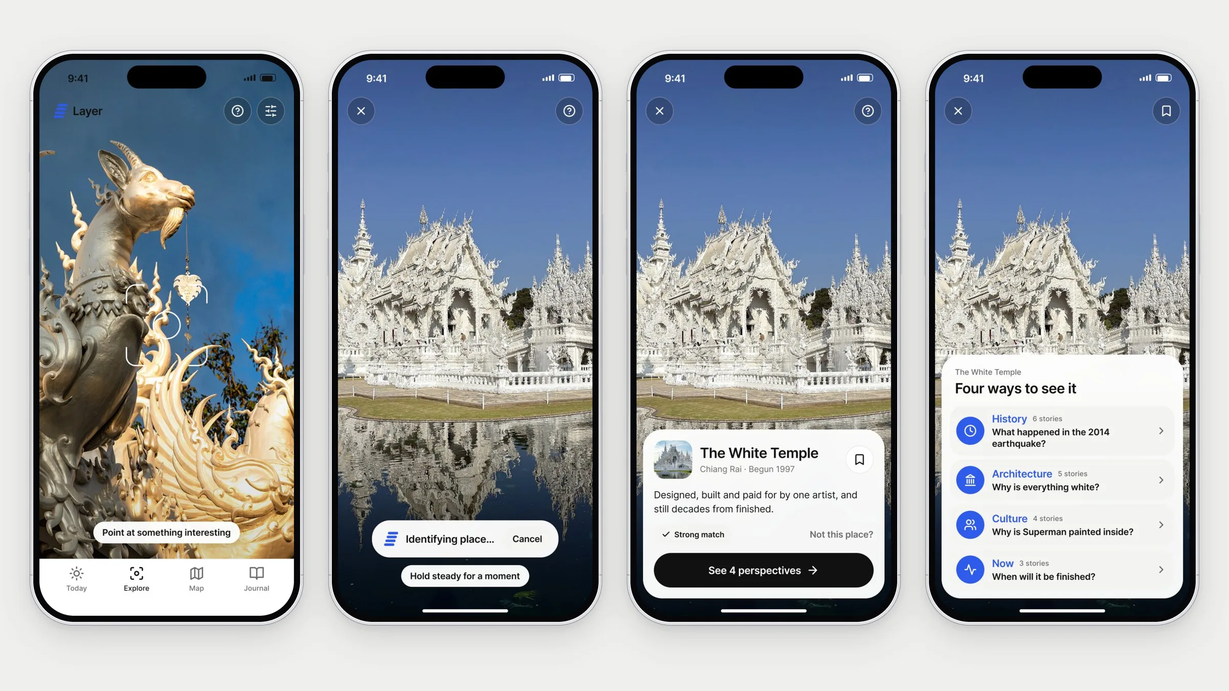 The camera flow in four screens: idle camera, scanning, place recognised, and choosing one of four perspectives
