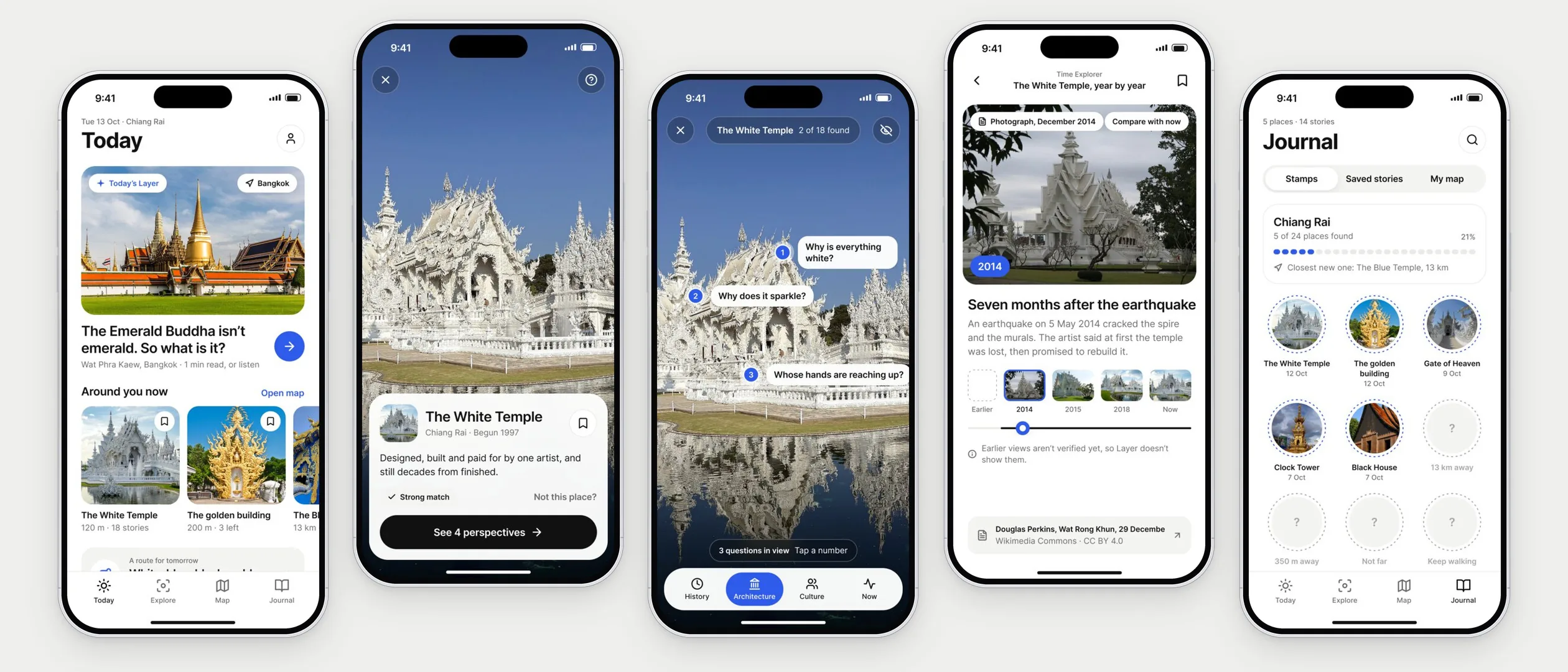 Five Layer screens: the Today home, a recognised place, the Architecture perspective at the White Temple, the Time Explorer and the Journal