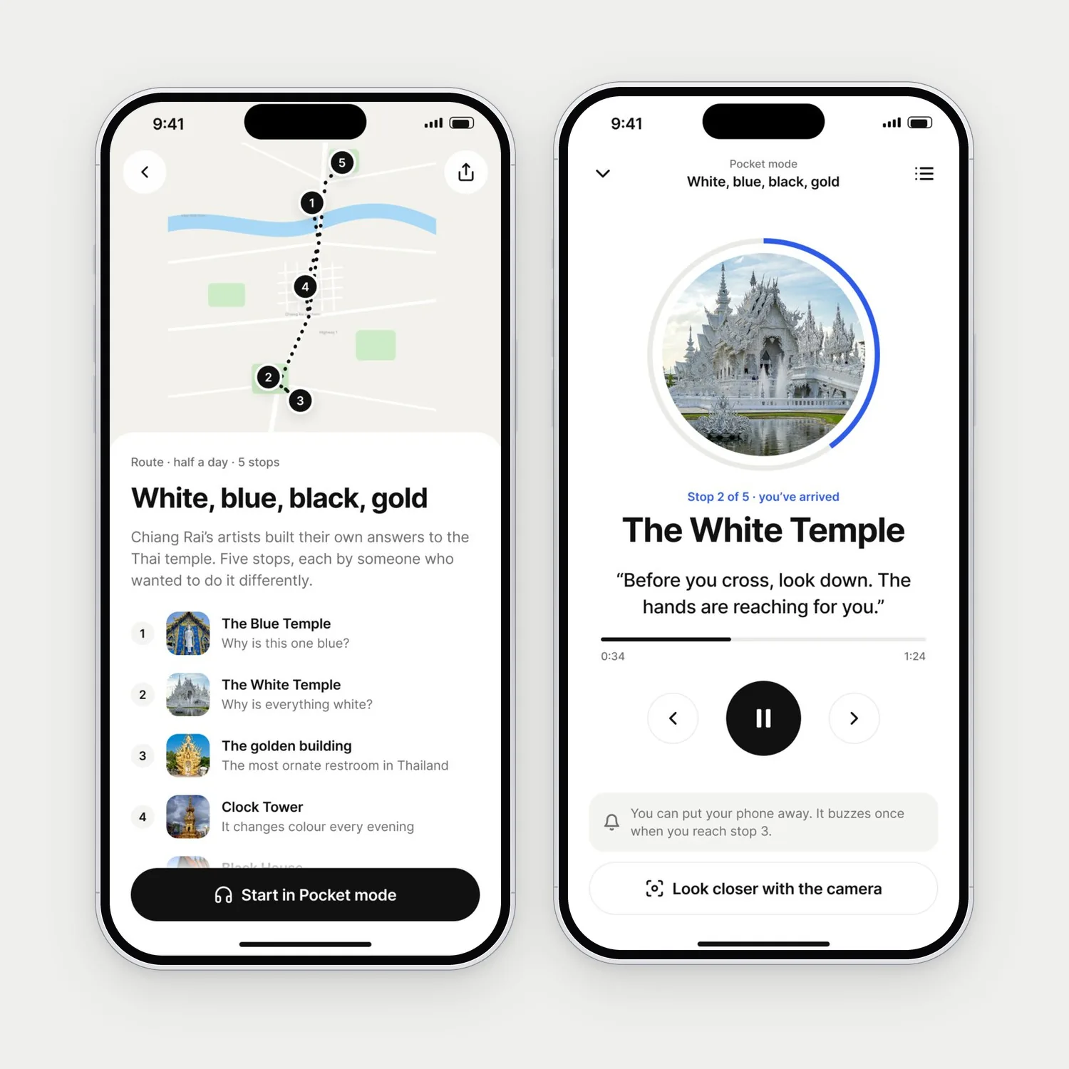 A route called White, blue, black, gold with five stops on a map, and Pocket mode playing audio at the second stop