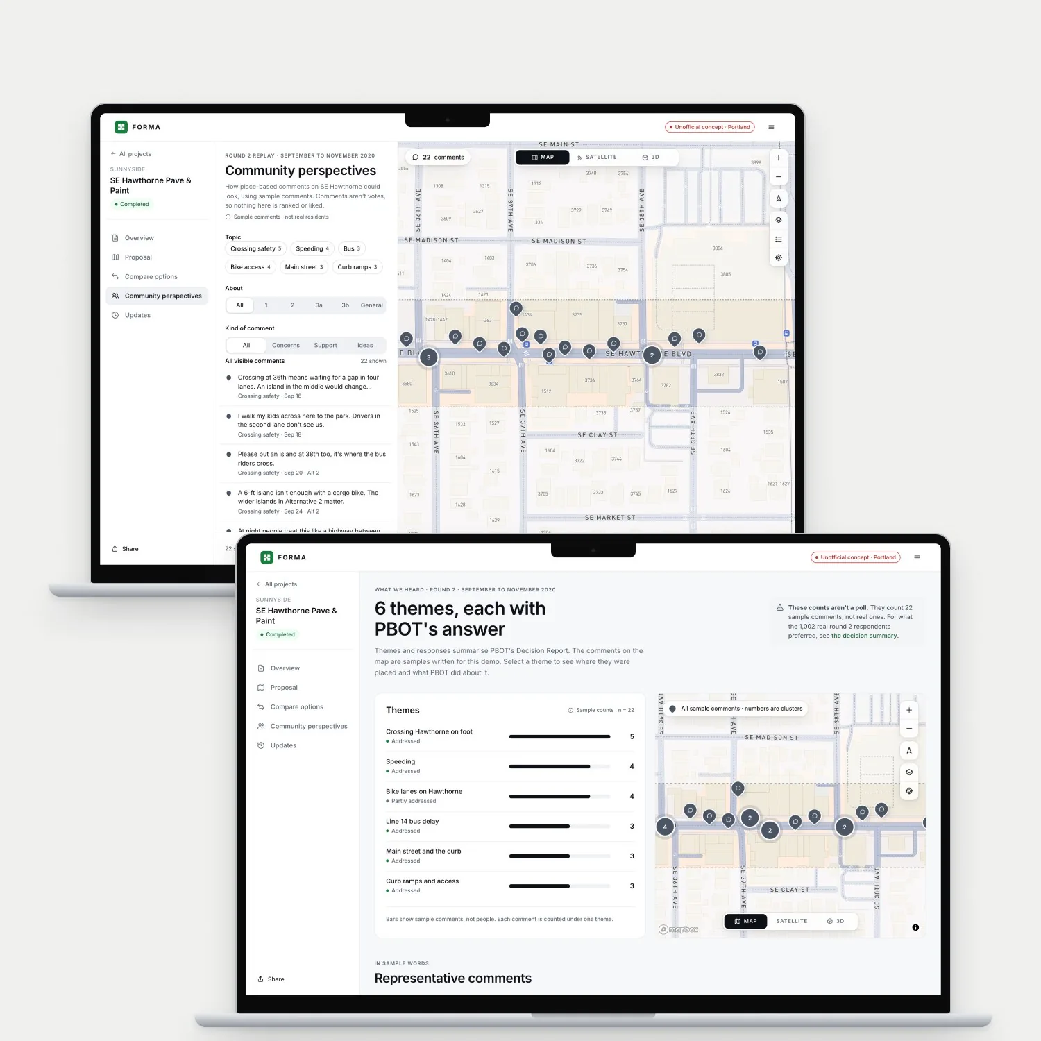 Two laptops: community comments pinned along Hawthorne with topic filters, and the themes page with six themes, their counts and PBOT&rsquo;s answer to each