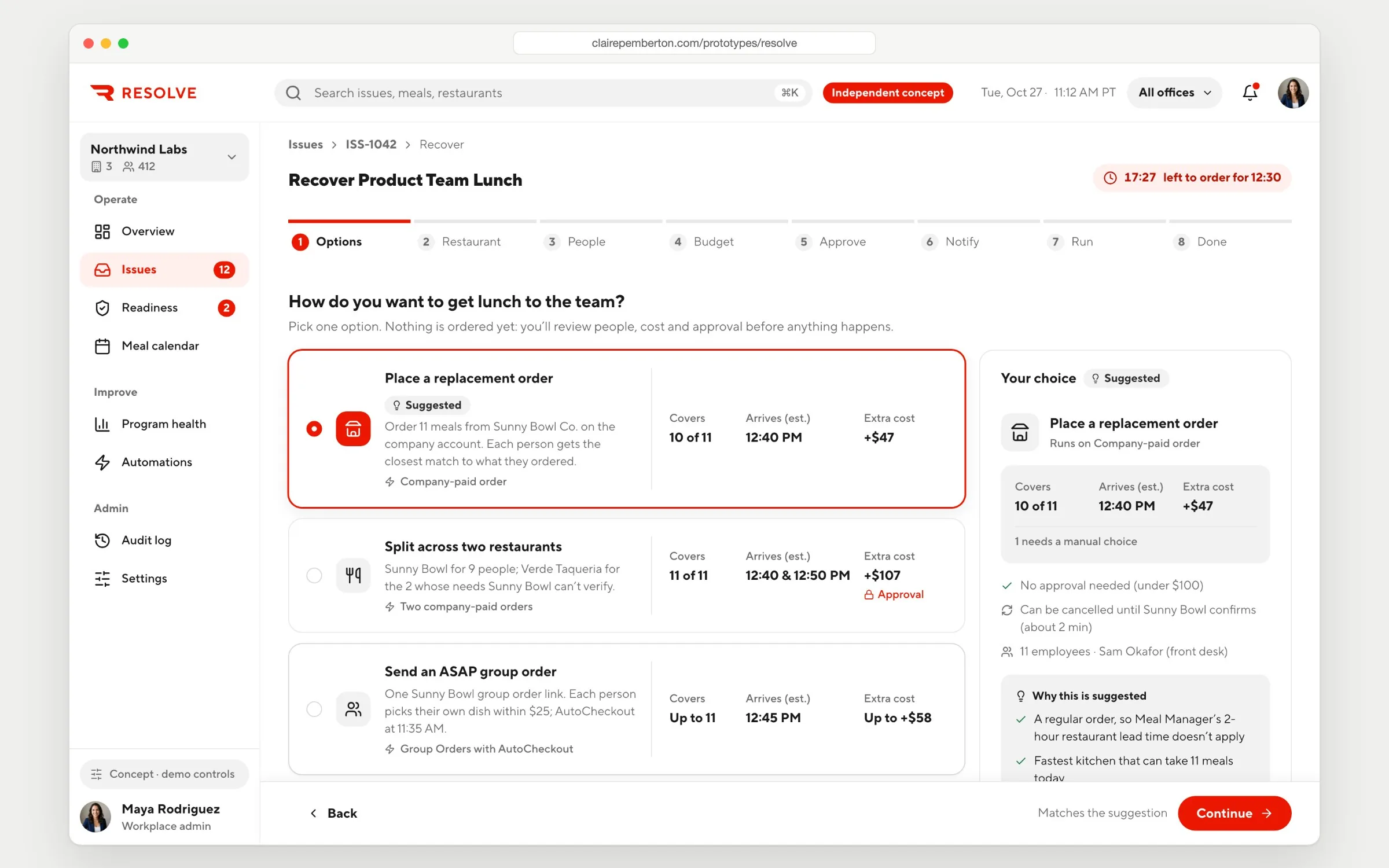 The options step: a replacement order is suggested, covering 10 of 11 at about 12:40 for $47 more, beside a split across two restaurants that needs approval and an ASAP group order, with 17 minutes left to order