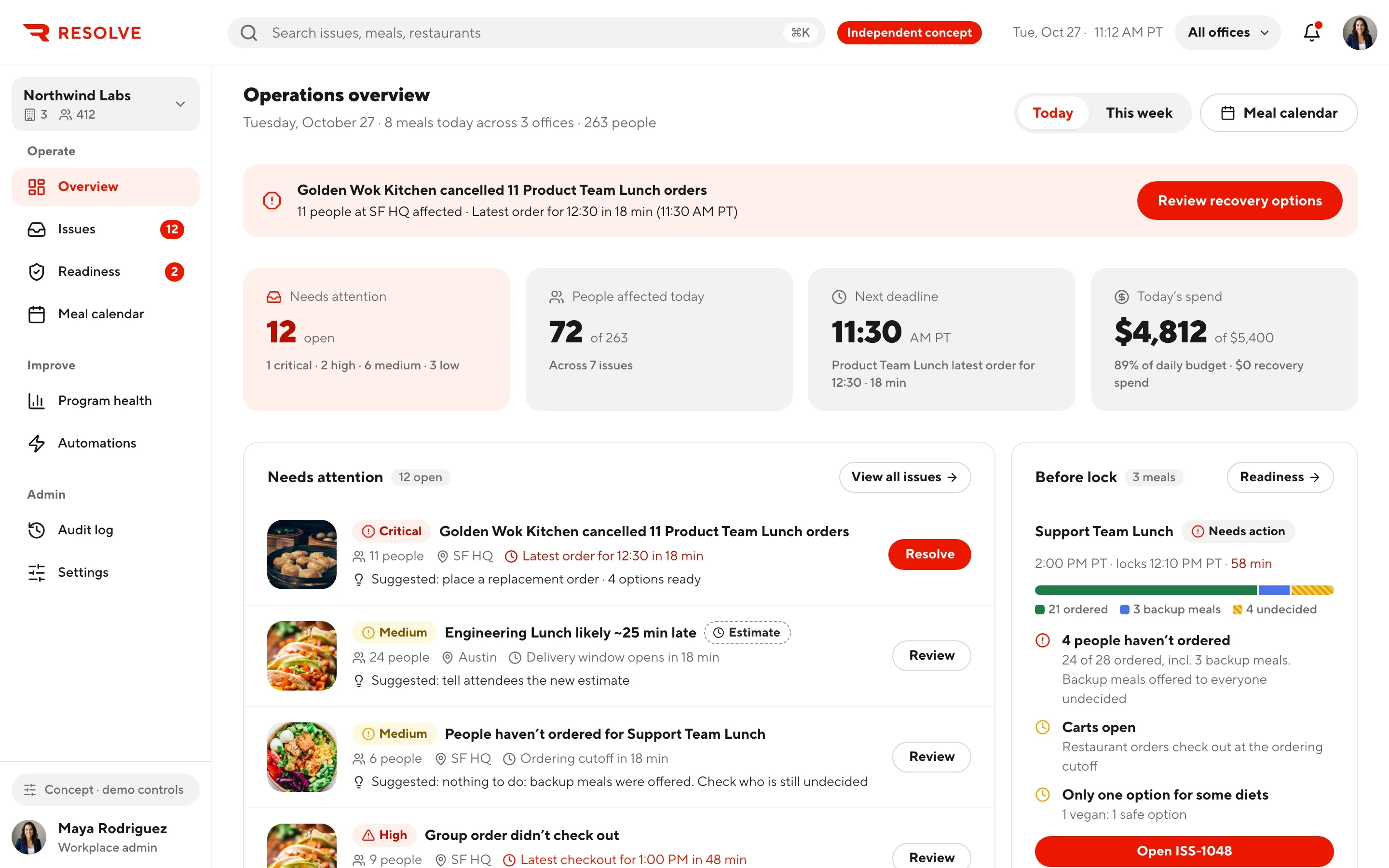The Resolve overview: a red banner says Golden Wok Kitchen cancelled 11 Product Team Lunch orders, with 18 minutes left to order, above a queue of 12 open issues