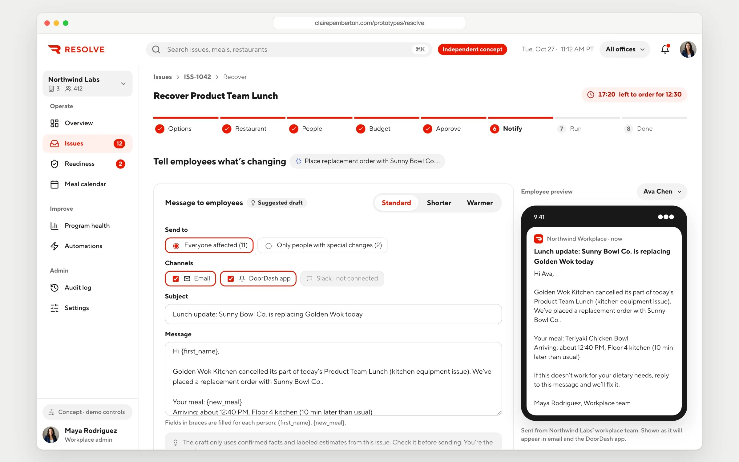 The notify step: a suggested message to the 11 affected employees with Standard, Shorter and Warmer versions, and a phone preview of Ava's update saying Sunny Bowl Co. is replacing Golden Wok