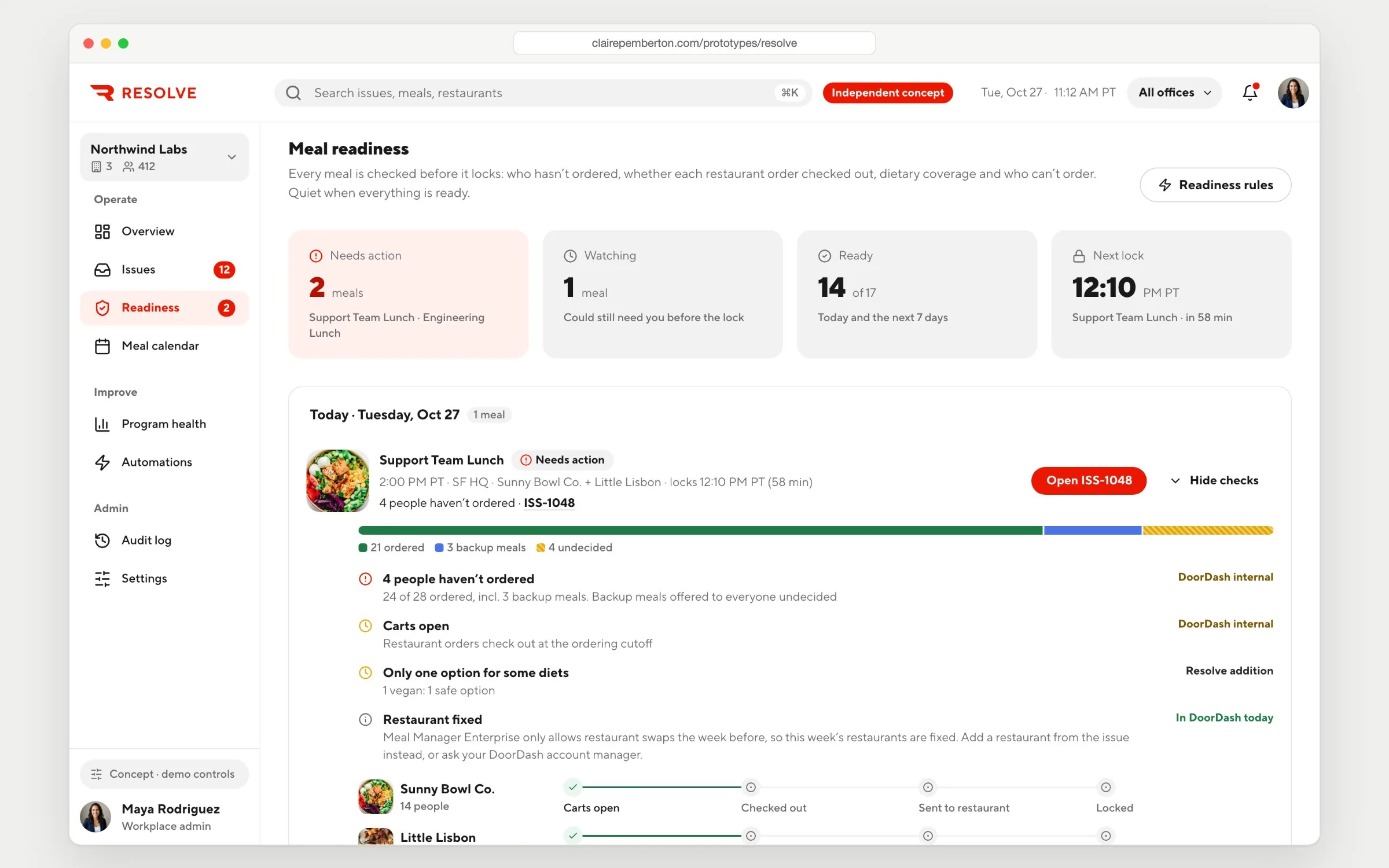 Meal readiness: Support Team Lunch locks in 58 minutes, 4 people haven't ordered, with a bar of 21 ordered, 3 backup meals and 4 undecided, and each check tagged with its data source