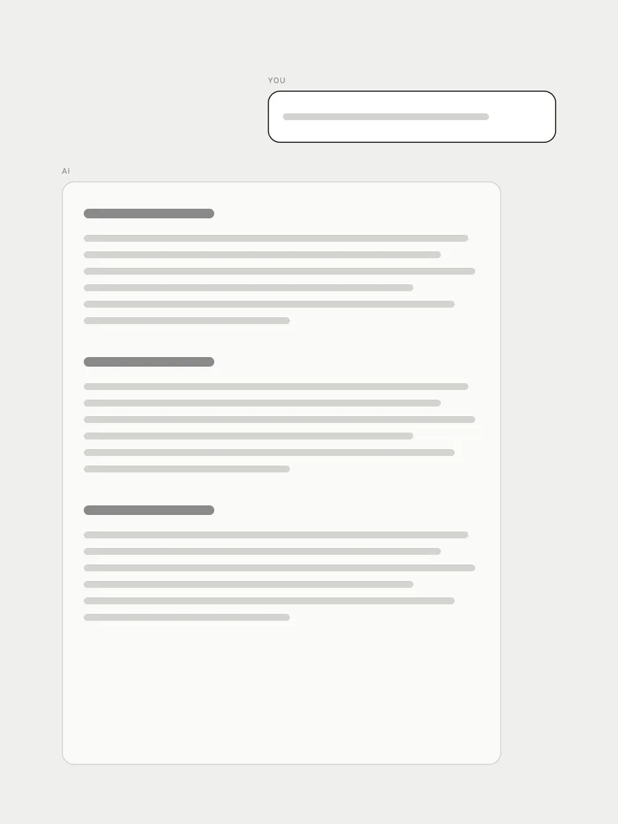 Wireframe of direction B: one short message from the person, answered by a single long report