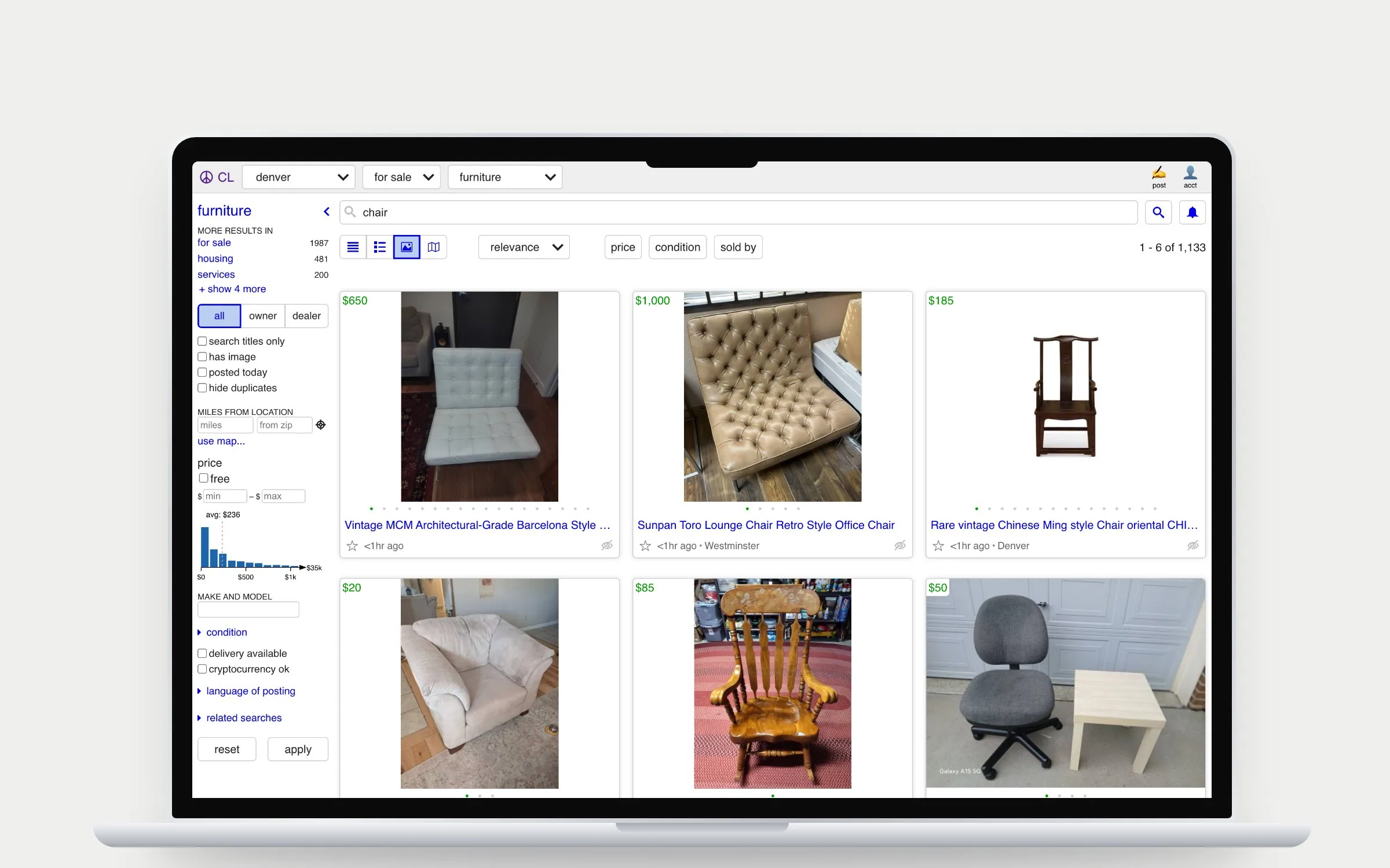 Current Craigslist search results for chair in furniture, shown in gallery view with photos, a dense filter column on the left and small type