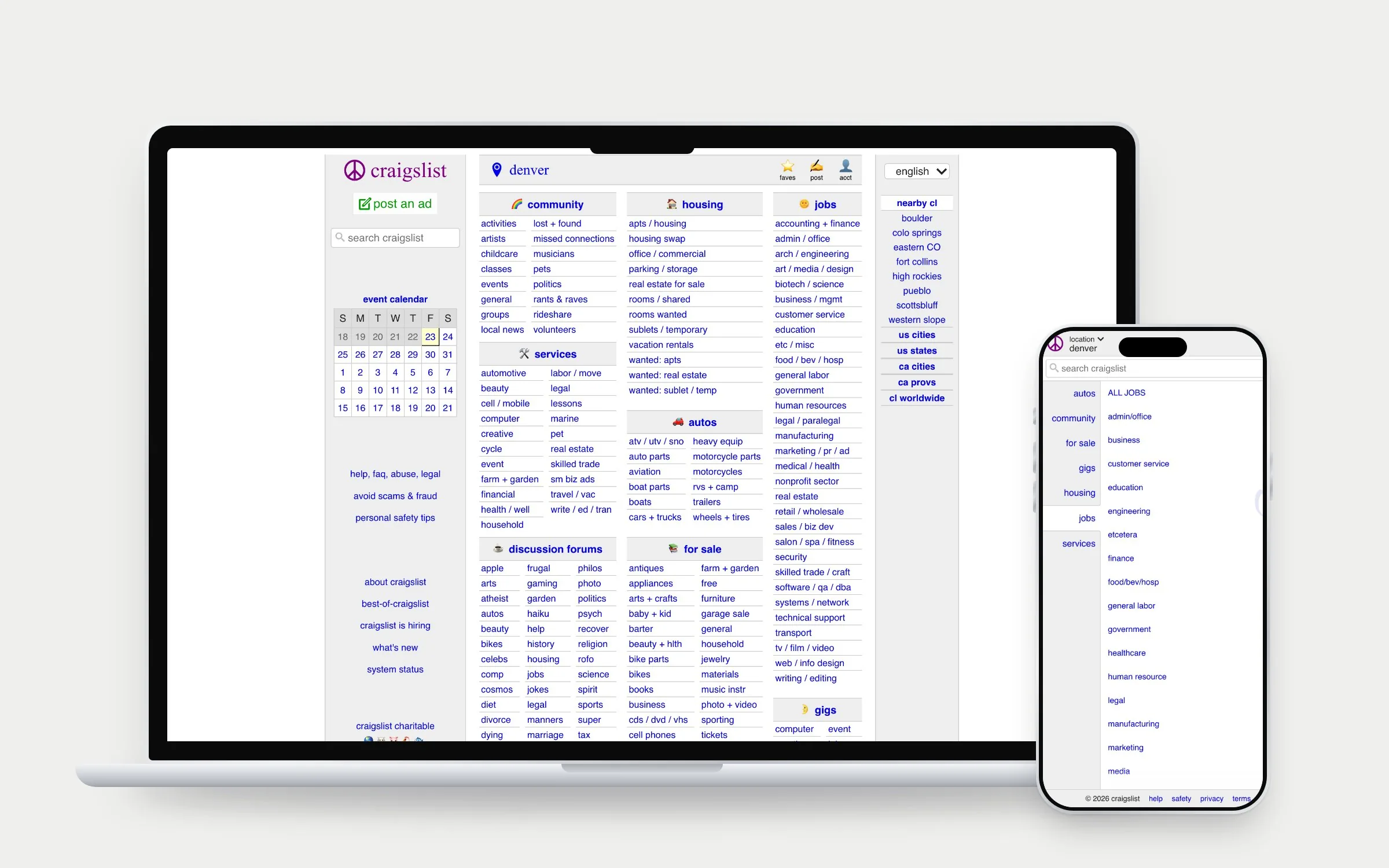 The current Craigslist Denver home page on a MacBook, a dense grid of small blue text links, and the current mobile home, a plain list of category names