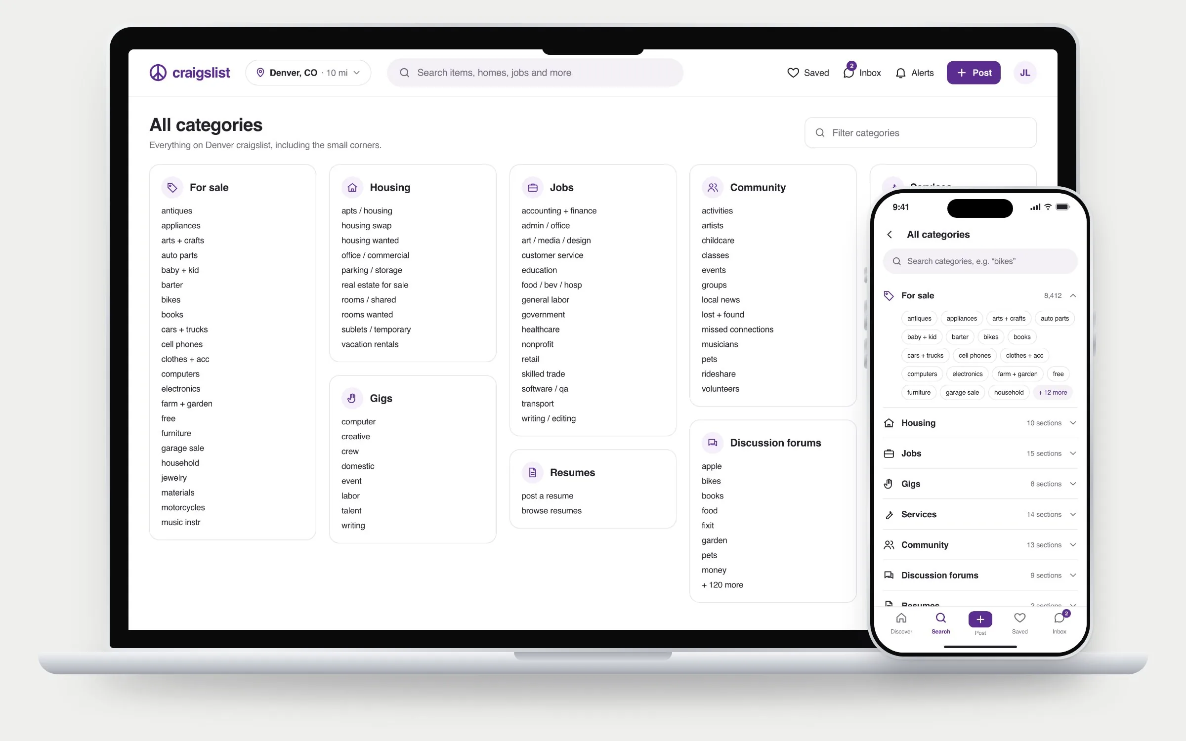 Redesigned All categories: grouped cards with icons on a MacBook, and an expandable category list with section chips on an iPhone