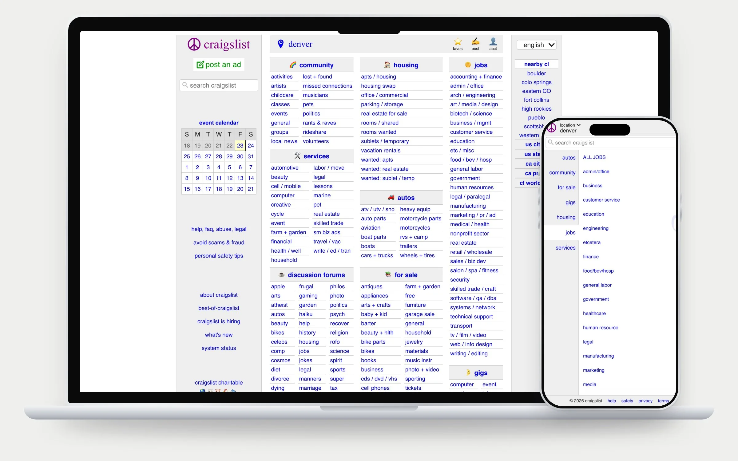 Craigslist today: the Denver home page on a MacBook, a dense grid of category links, and the mobile category list on an iPhone
