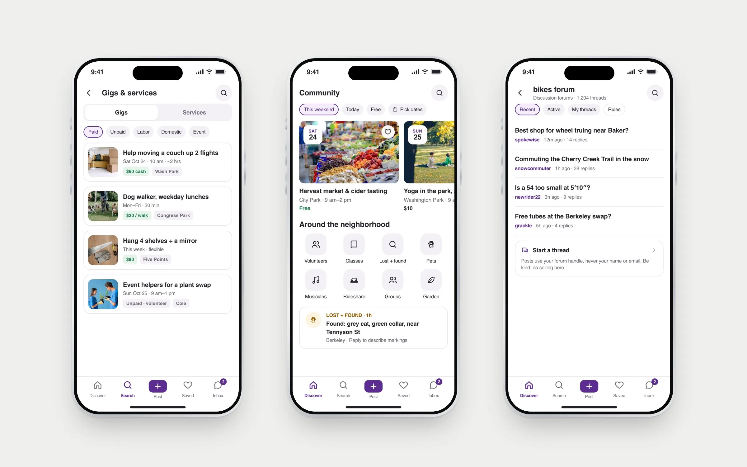 Three iPhones: gigs with pay and dates, community events for the weekend with neighborhood shortcuts, and the bikes discussion forum