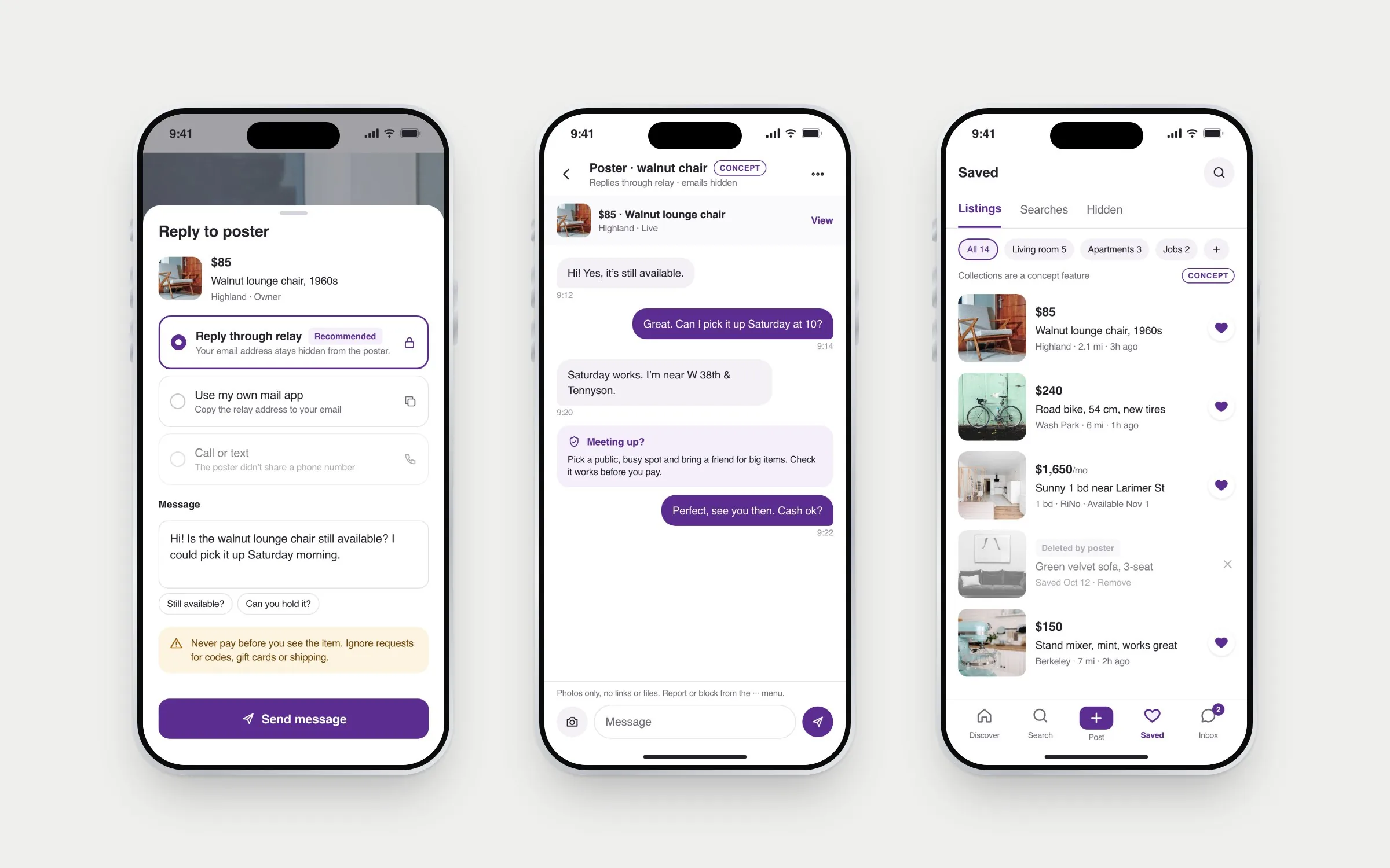 Three iPhones: the reply sheet with relay email selected and a payment warning, an in-app conversation with a meet-up safety card, and saved listings grouped into collections