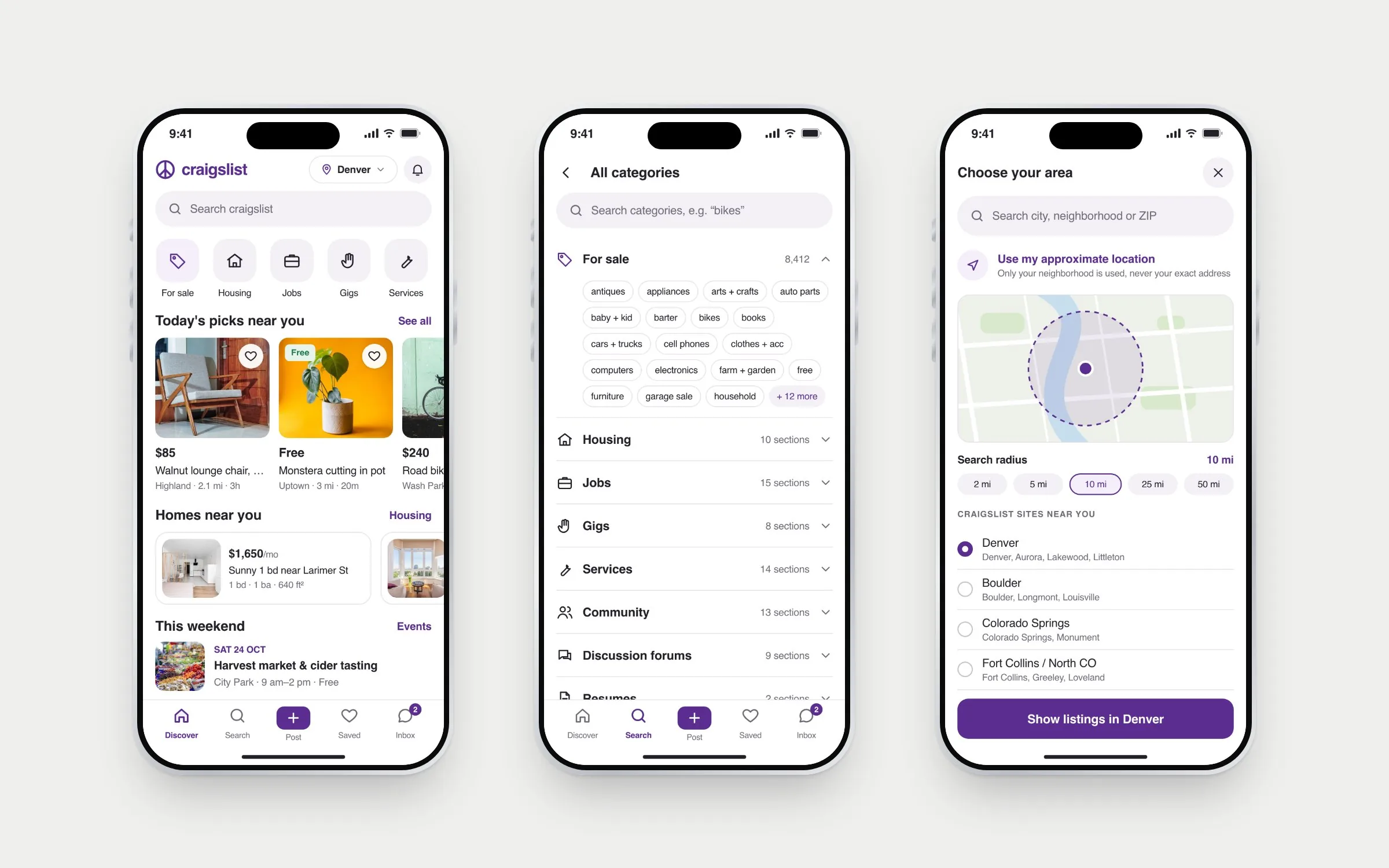 Three iPhones: the Discover home with category shortcuts and photo listings, the full category list with every for-sale section, and the area picker with a radius map