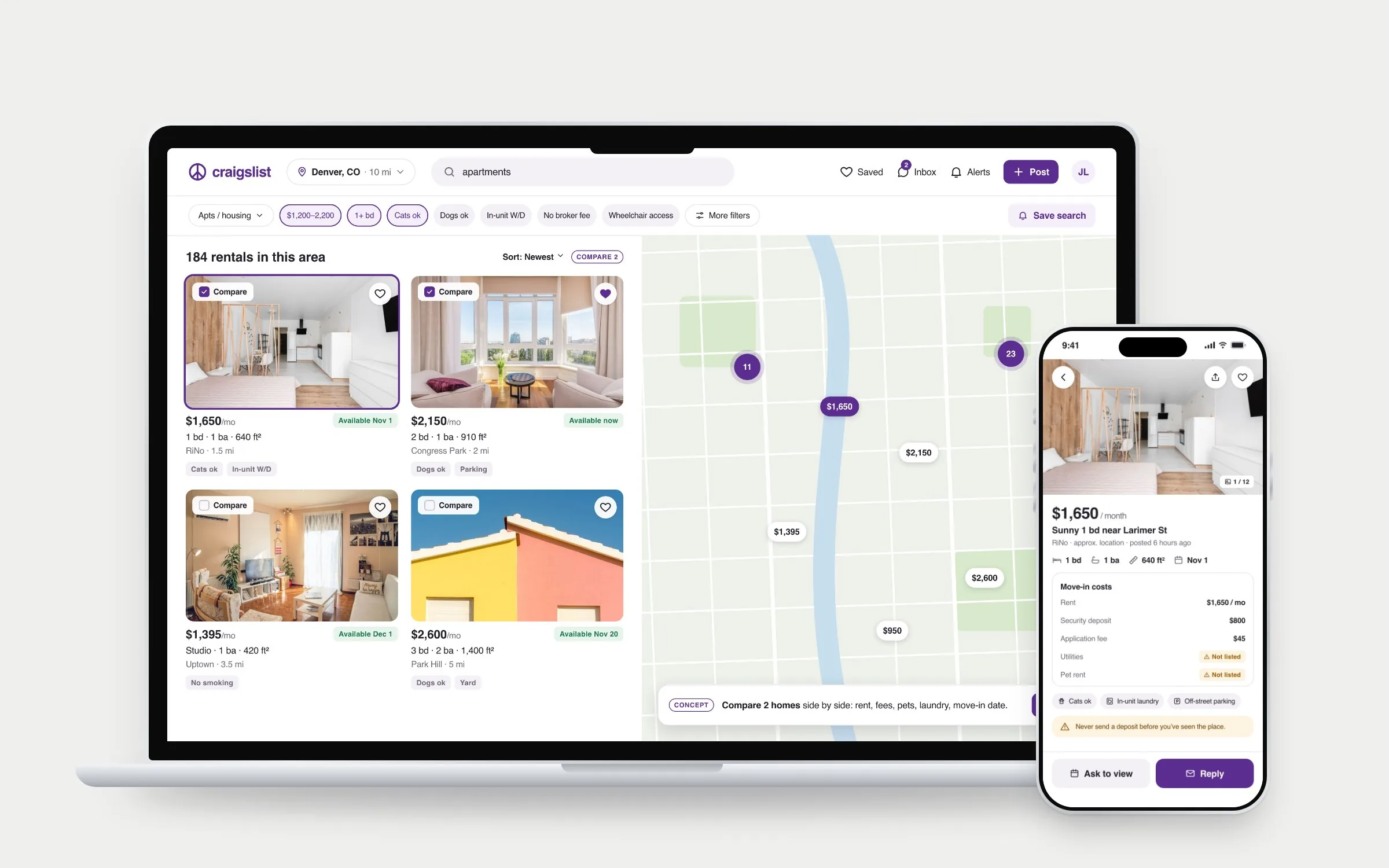 Rental search on a MacBook with photo cards, compare checkboxes and a price map, beside a rental listing on an iPhone showing move-in costs with missing items flagged