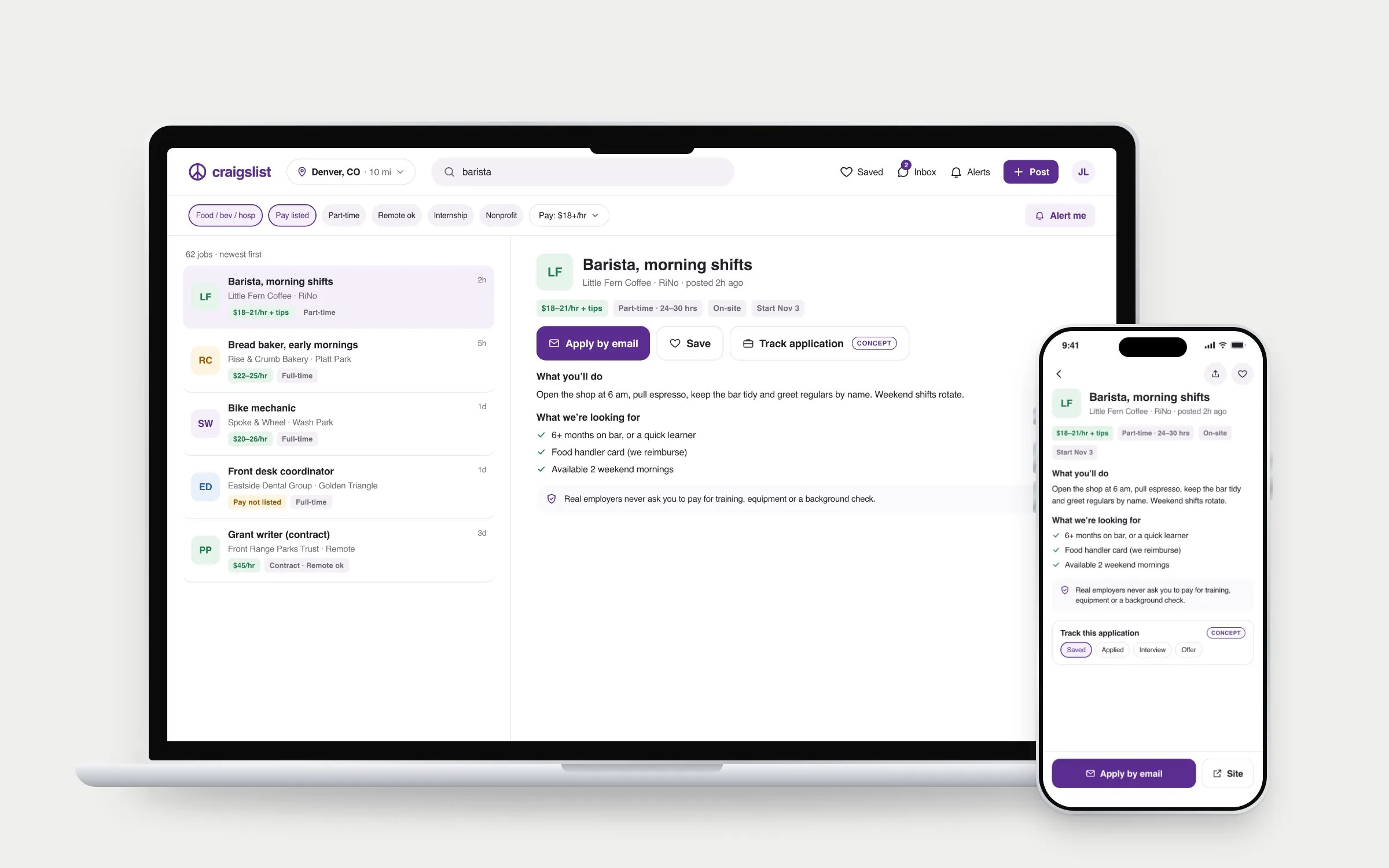 Job search on a MacBook with a results list and the selected barista job open beside it, and the job detail on an iPhone with an application tracker