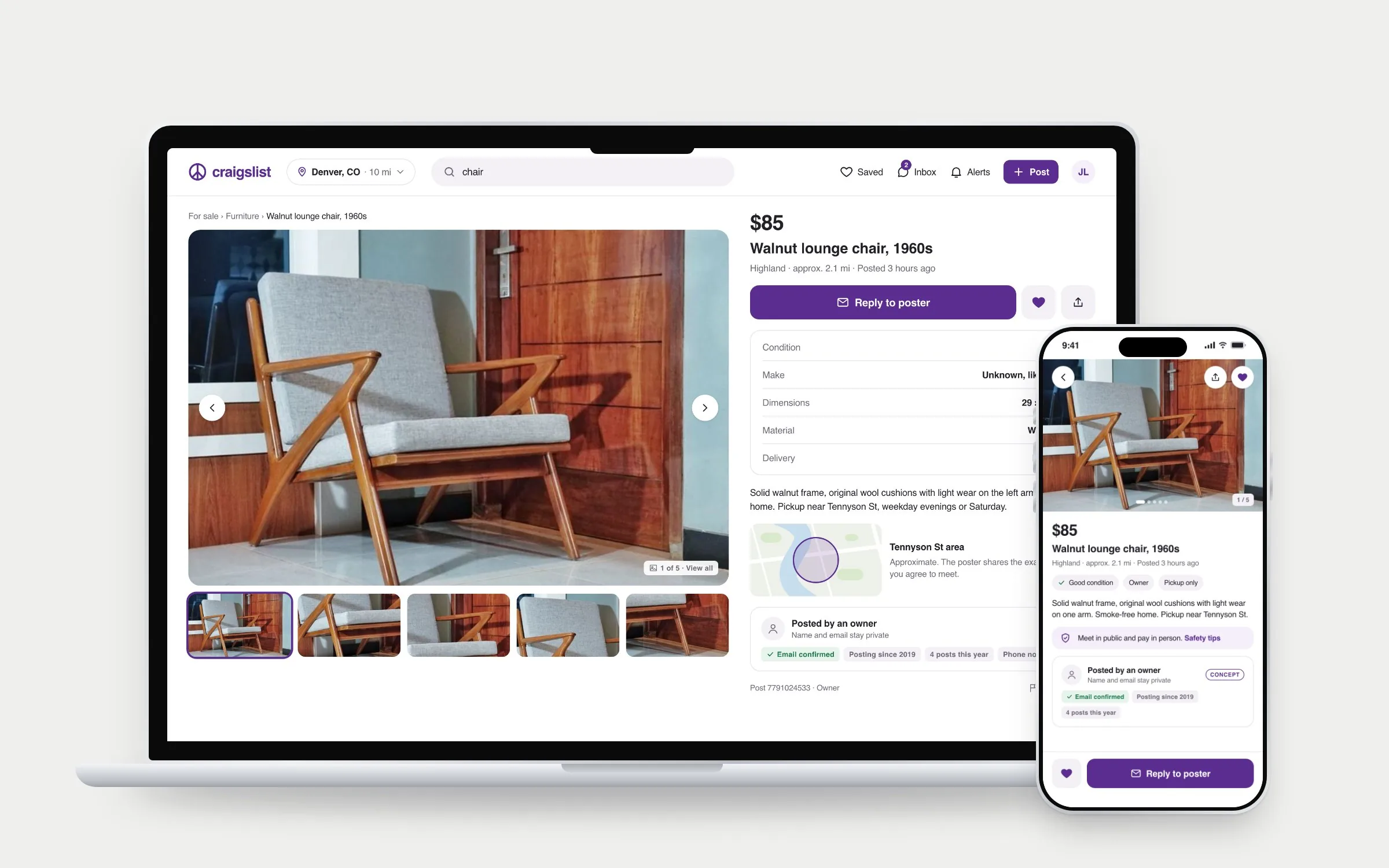 A listing for a walnut lounge chair on a MacBook and an iPhone: large photo gallery, price, details table, approximate map area, and a poster panel with verifiable facts