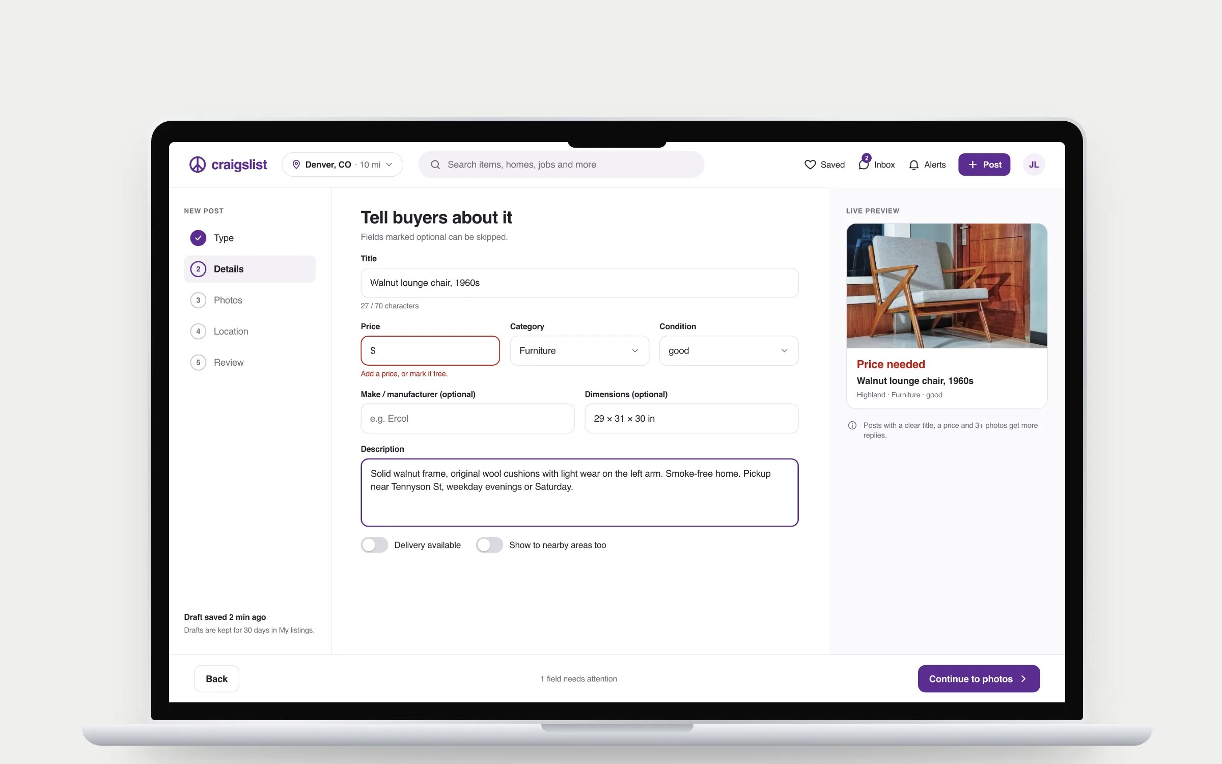 Desktop posting details step with a step list on the left, an inline price error, and a live preview of the listing on the right