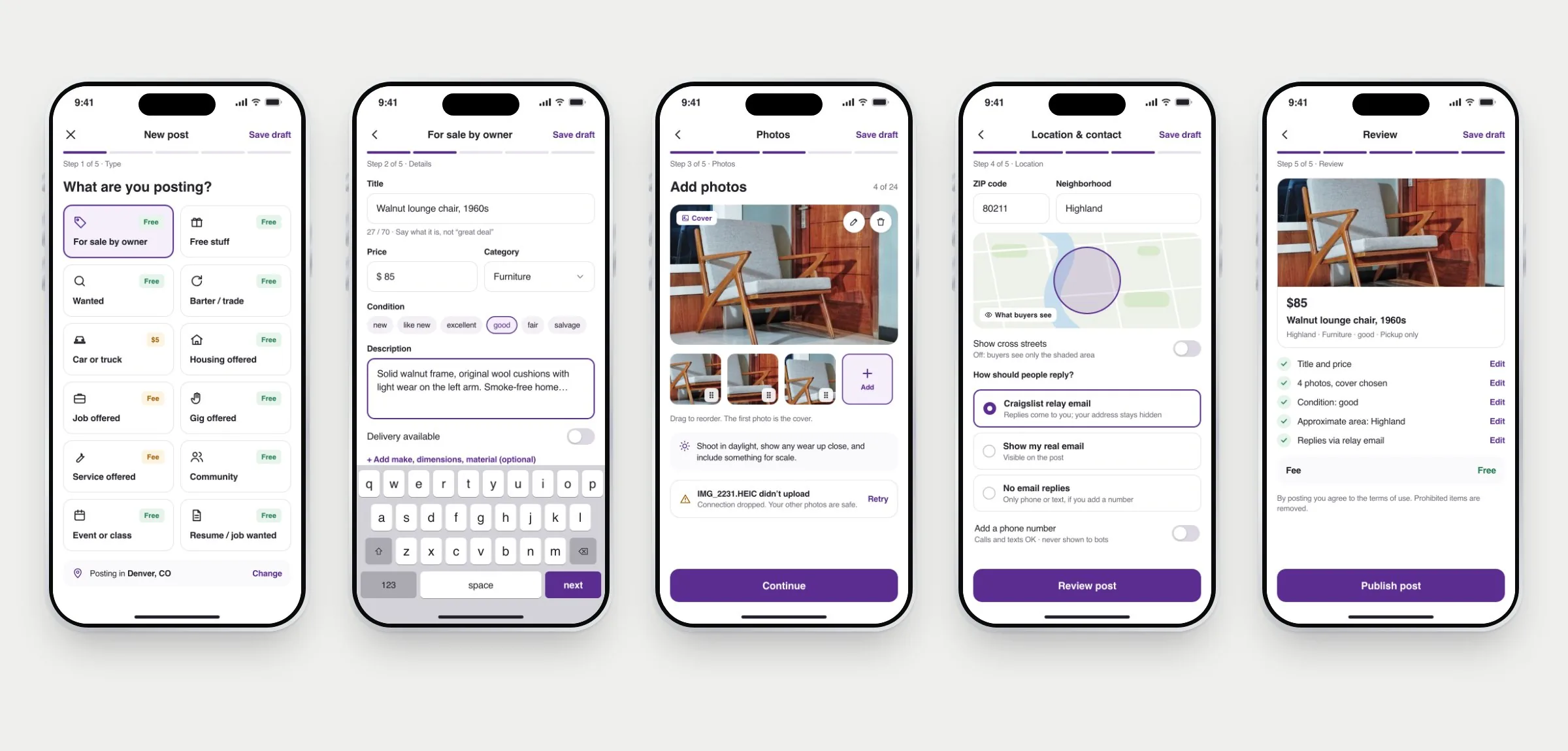 Five iPhones showing the posting flow: choose a post type with fees, item details, photos with a cover image, location and reply method, and the final review