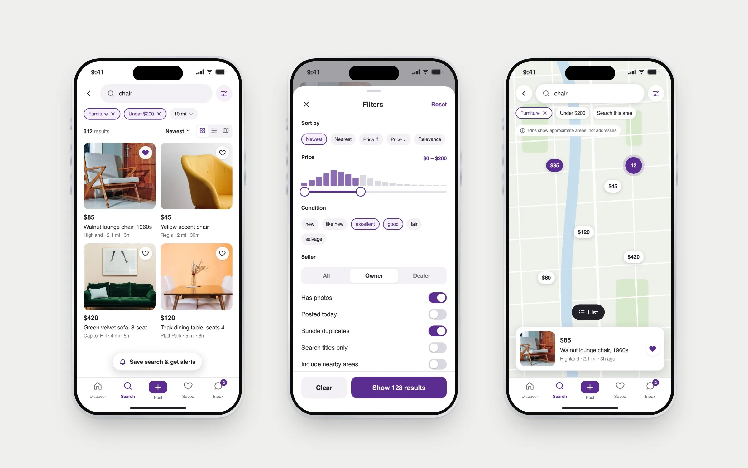 Three iPhones: search results for chair in a two-column photo grid, the filters sheet with a price histogram and condition chips, and the map view with price pins