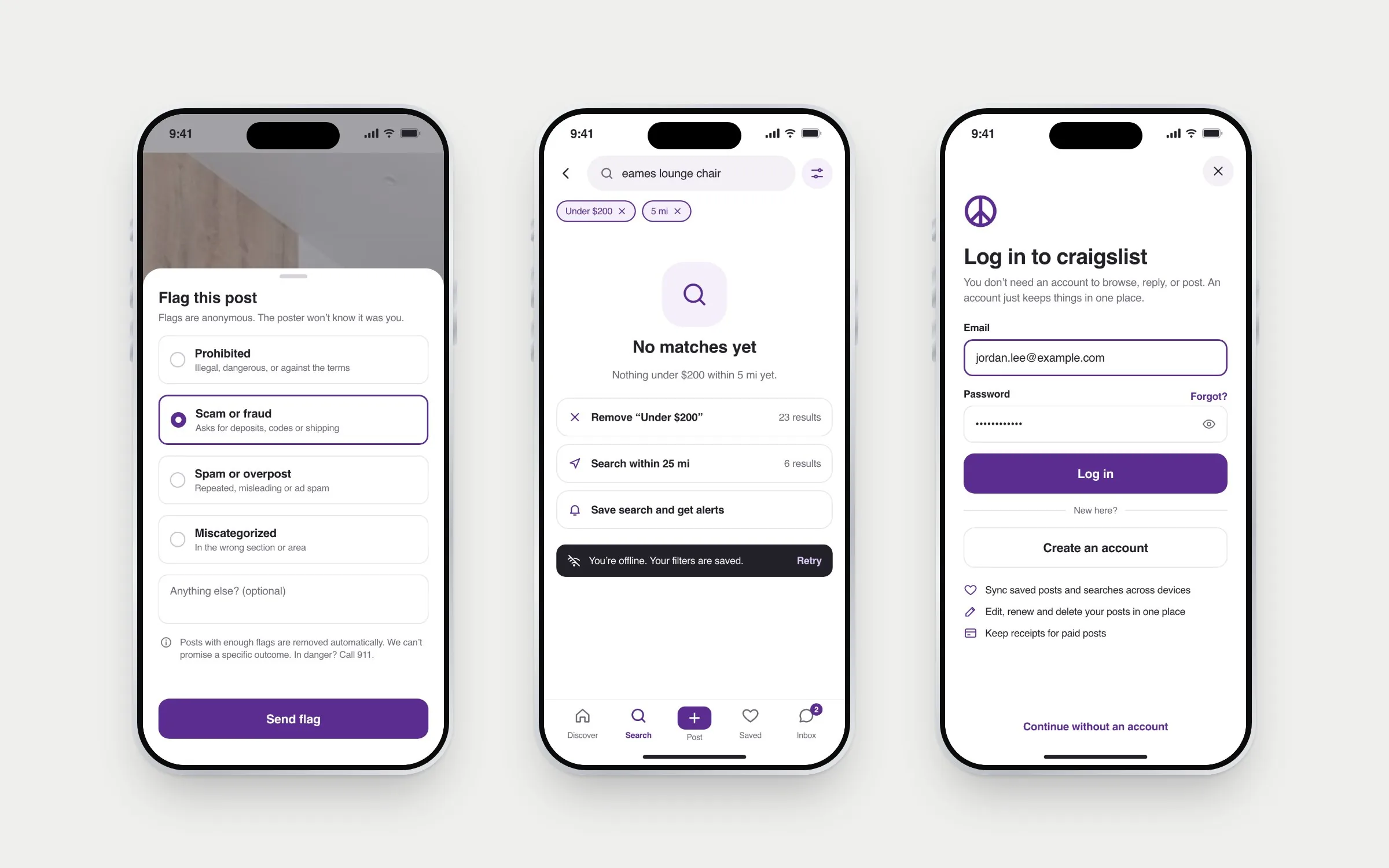 Three iPhones: the flag this post sheet with scam or fraud selected, a no-results state with suggestions and an offline banner, and an optional log-in screen
